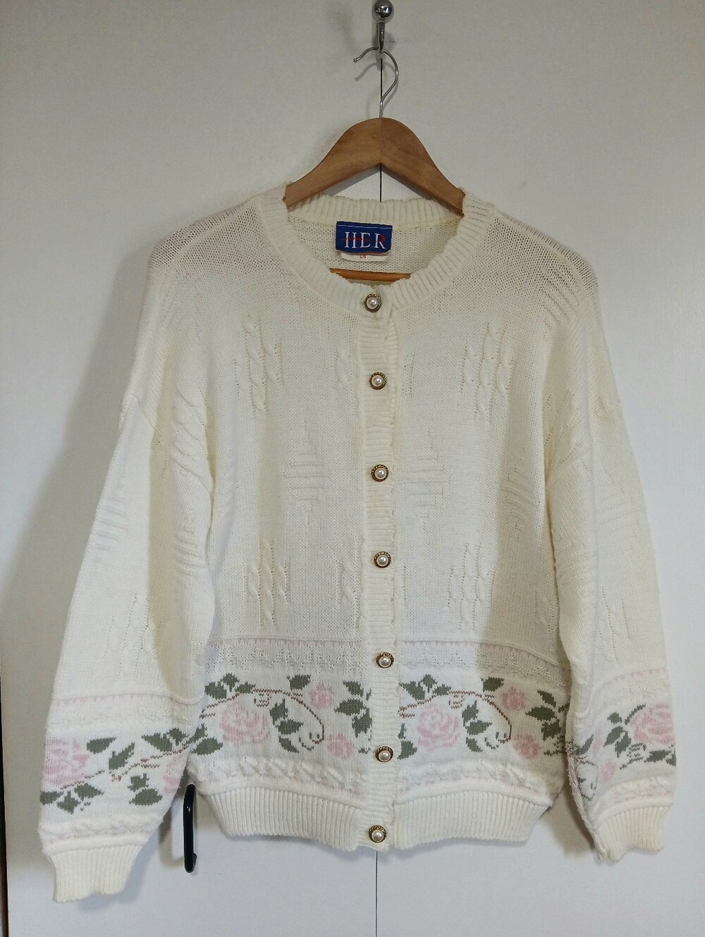 Vintage 90s H.E.R. Cottagecore Floral Knit Cardigan Sweater Cream Pink L